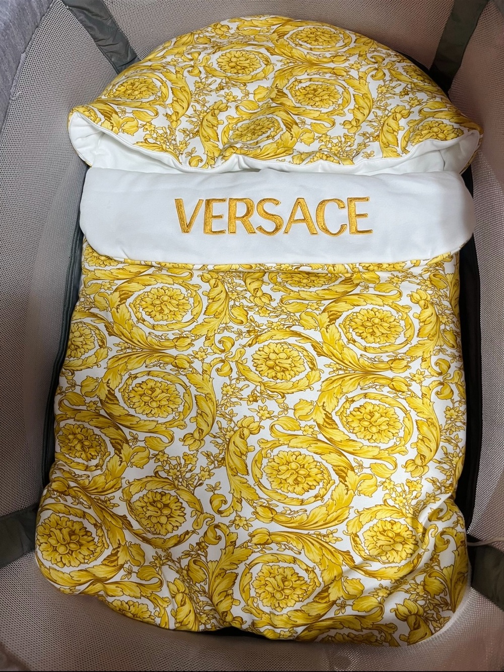 Versace Yellow Baroque Baby Blanket with Embroidered Logo